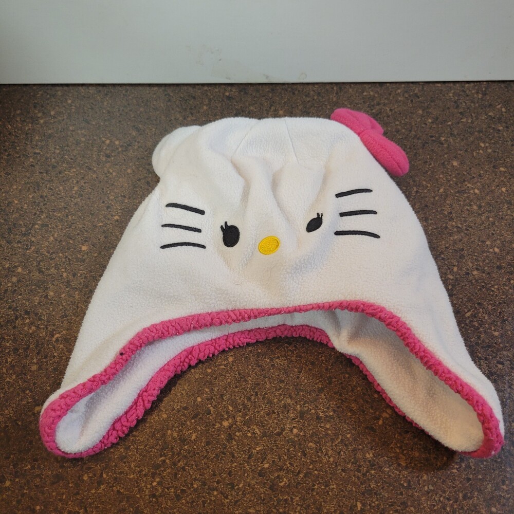 Hello Kitty Beanie Hat Thrifted Women OS White Pink Knit Casual Winter Warm Cap